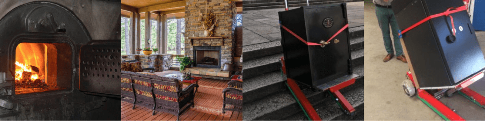 Two fireplaces and safes transported up a stair with a powered stair climbing hand truck