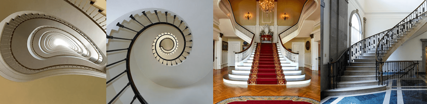 Types of stairs: an elliptical staircase, a spiral staircase, a straight marble staircase, a curved marble staircase