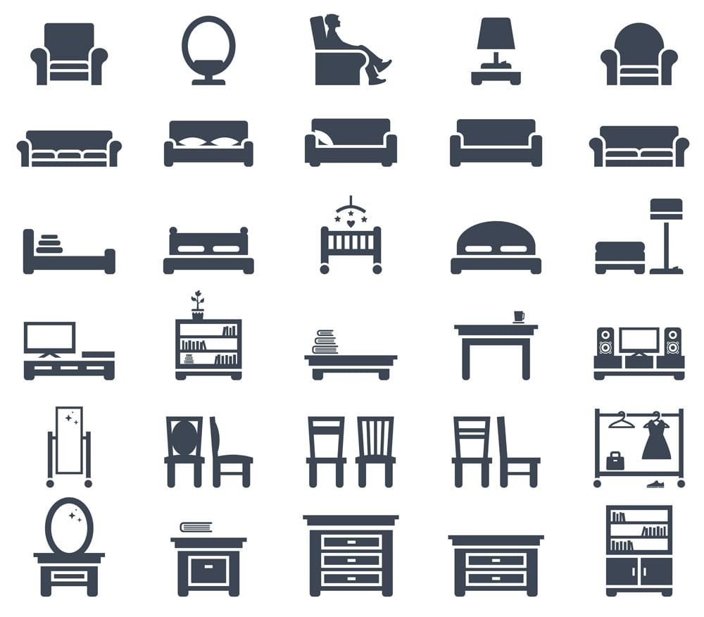 Property icons: a sofa, a mirror, a bed, an armchair, a chest of drawers, a bookcase, a wardrobe