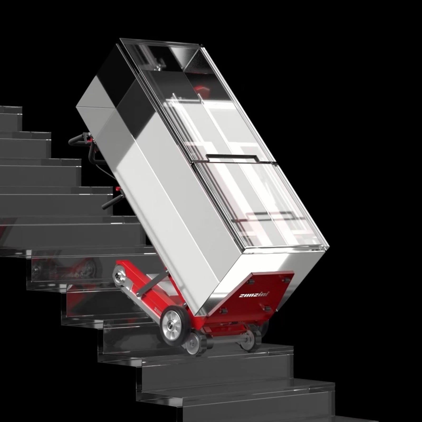 Transporting a refrigerator up stairs with the Zonzini electric stair climber Buddy Lift 