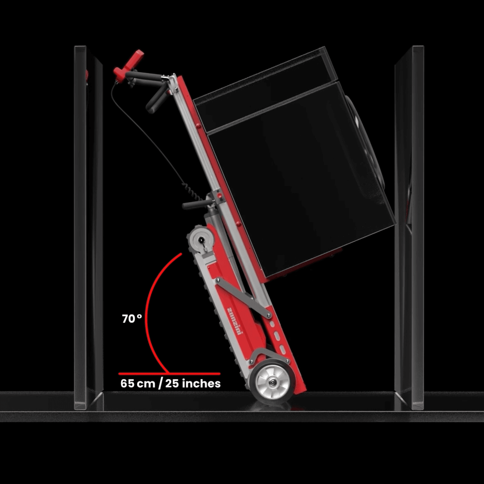 Rotation of the hand truck stair climber by electric lifting of a washing machine